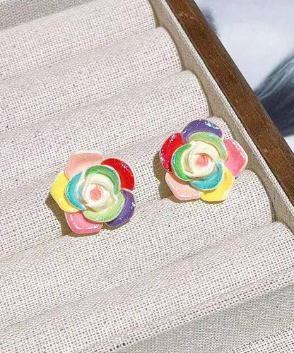 Rainbow Alloy Resin Rose Stud Earrings