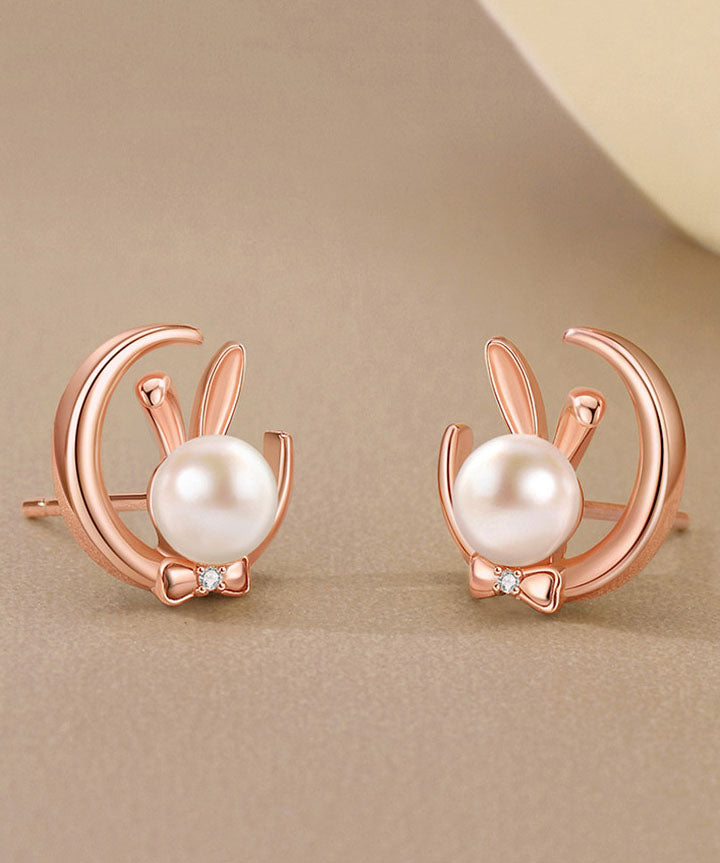 Gold Rabbit Pearl S925 Silver Stud Earrings