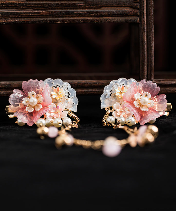 Pink Copper Alloy Pearl Resin Chain Peony Hairpin