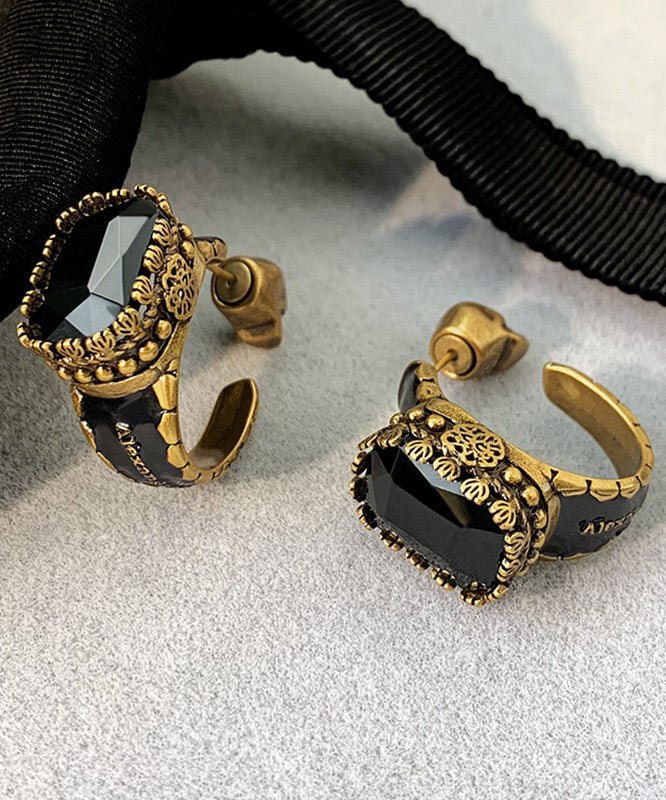 Gold Copper Overgild Gem Stone Skull Hoop Earrings