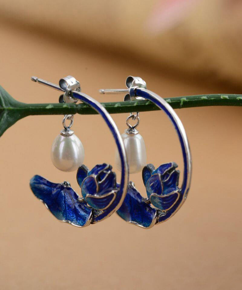 Blue Sterling Silver Cloisonne Inlaid Pearl Lotus Hoop Earrings