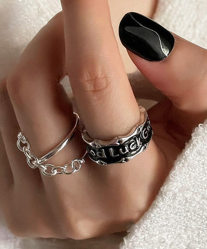 Retro Silk Stainless Steel Patchwork Chain and Graphic Two Piece Set Rings