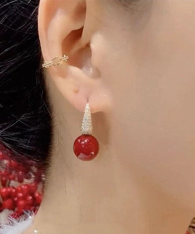 Diy Red Copper Overgild Zircon Pearl Drop Earrings
