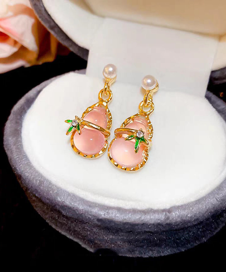 Pink Alloy Zircon Resin Hollow Out Calabash Drop Earrings