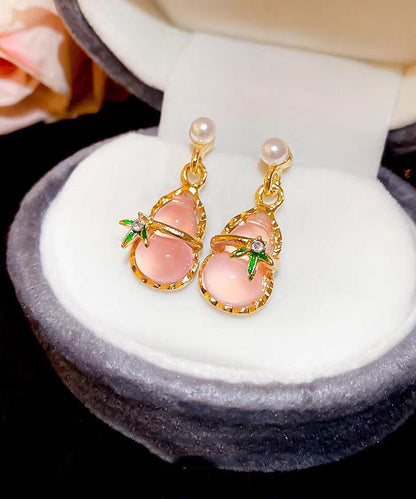 Pink Alloy Zircon Resin Hollow Out Calabash Drop Earrings