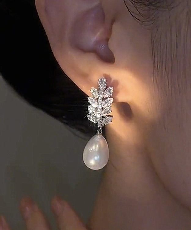 Exquisite Silver Needle Zircon Pearl Water Droplet Earrings