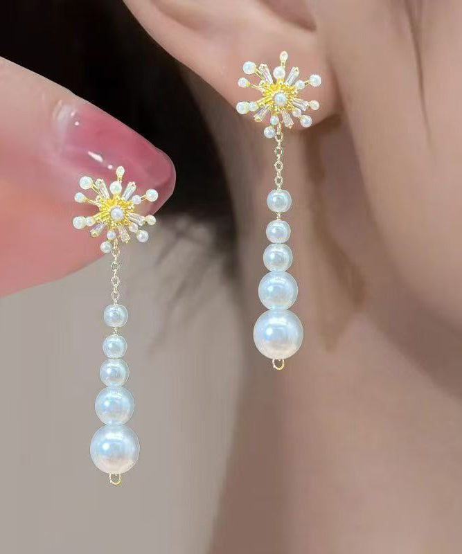 Gold Copper Overgild Pearl Zircon Tassel Drop Earrings
