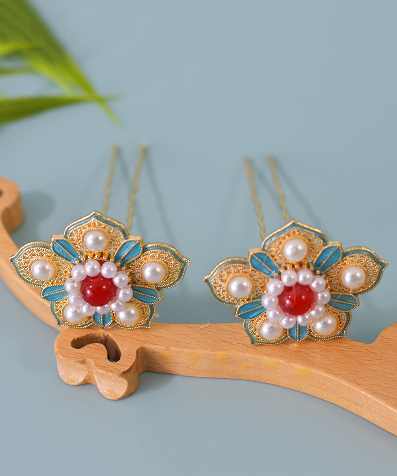 Chinese Style Colorblock Sterling Silver Overgild Pearl Enamel Hairpin