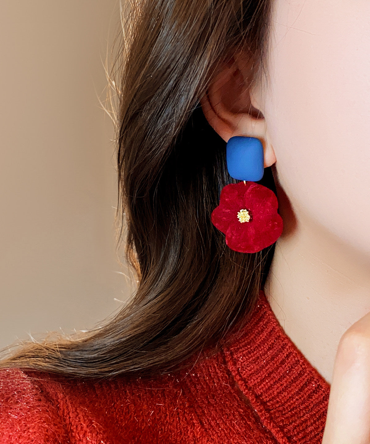 New Year Red Alloy Flocking Stud Earrings