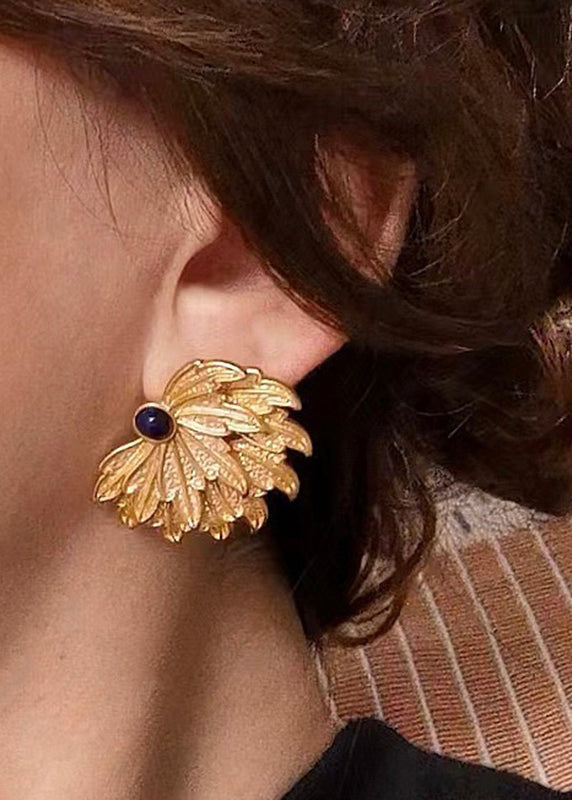 Yellow Copper Overgild Inlaid Gem Stone Stud Earrings