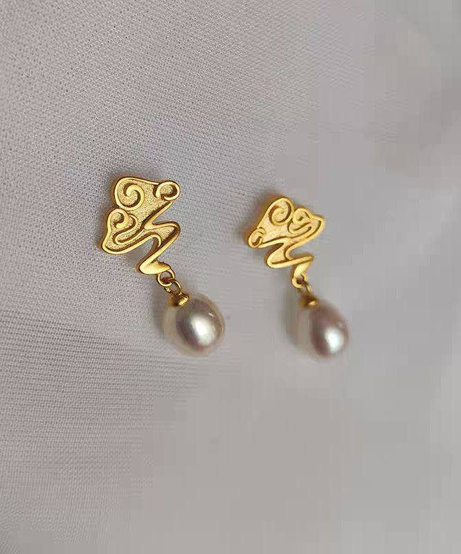 Art Gold Copper Overgild Pearl Auspicious Clouds Drop Earrings