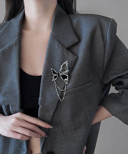Black Metal Butterfly Tassel Brooches