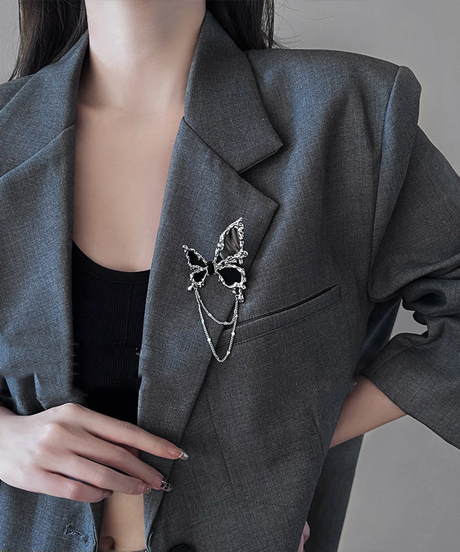 Black Metal Butterfly Tassel Brooches