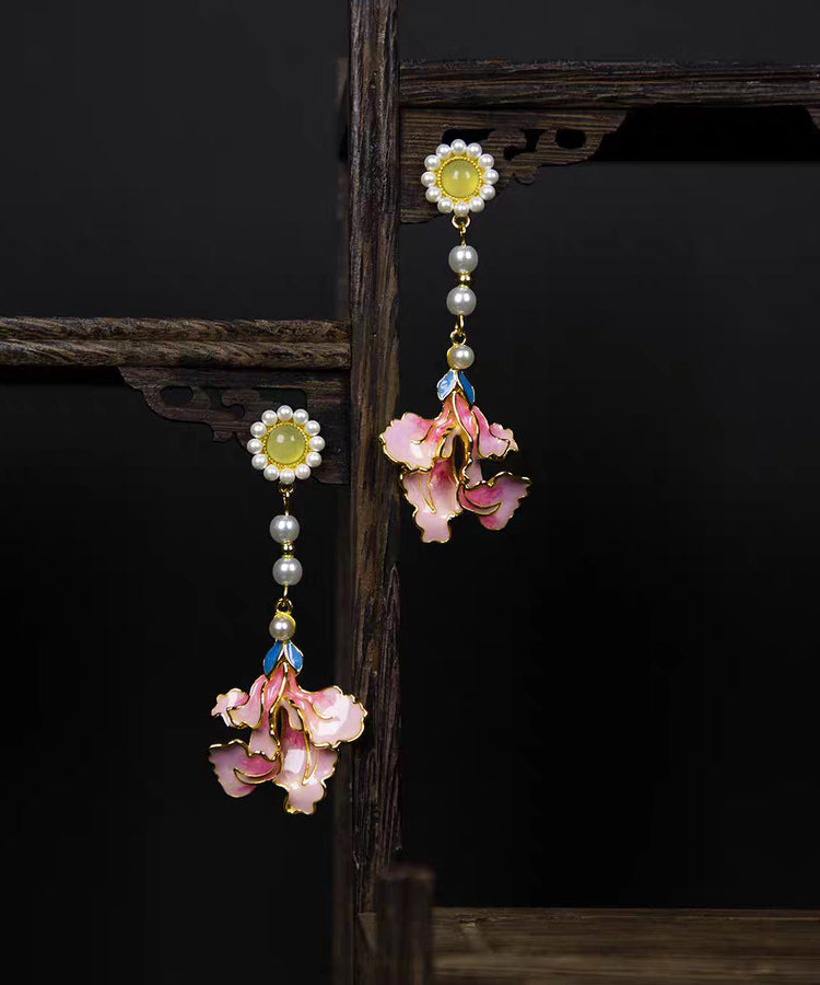 Rainbow Alloy Pearl Peony Enameling Tassel Drop Earrings