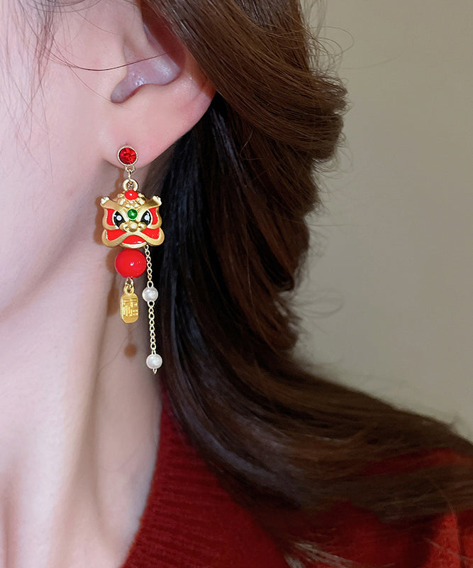 New Red Alloy Zircon Pearl Lion Dance Blessing Bag Tassel Drop Earrings