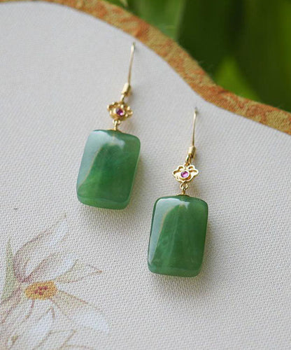 Green Sterling Silver Square Jade Drop Earrings