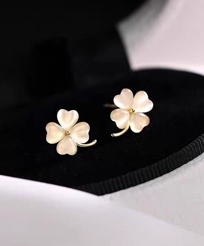Apricot Alloy Cat's Eye Stone Four-leaf Clover Stud Earrings