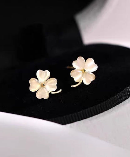 Apricot Alloy Cat's Eye Stone Four-leaf Clover Stud Earrings