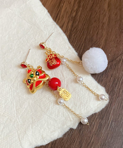 New Red Alloy Zircon Pearl Lion Dance Blessing Bag Tassel Drop Earrings