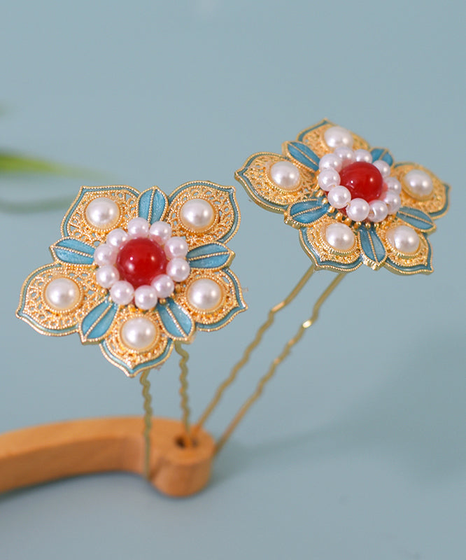 Chinese Style Colorblock Sterling Silver Overgild Pearl Enamel Hairpin