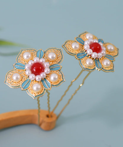 Chinese Style Colorblock Sterling Silver Overgild Pearl Enamel Hairpin