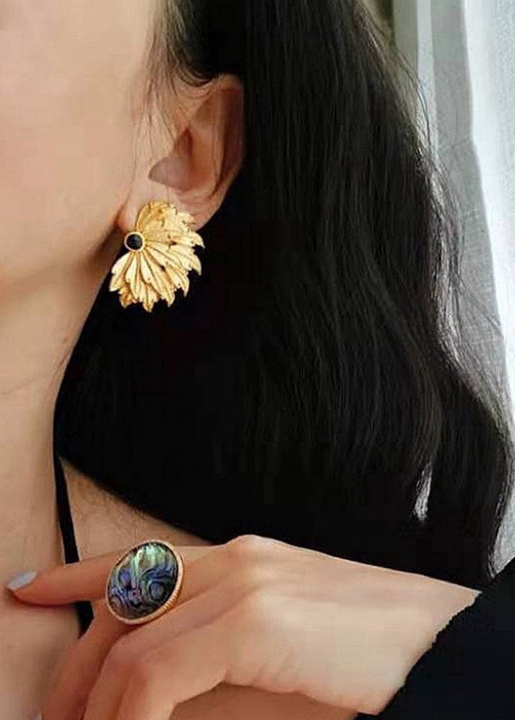 Yellow Copper Overgild Inlaid Gem Stone Stud Earrings