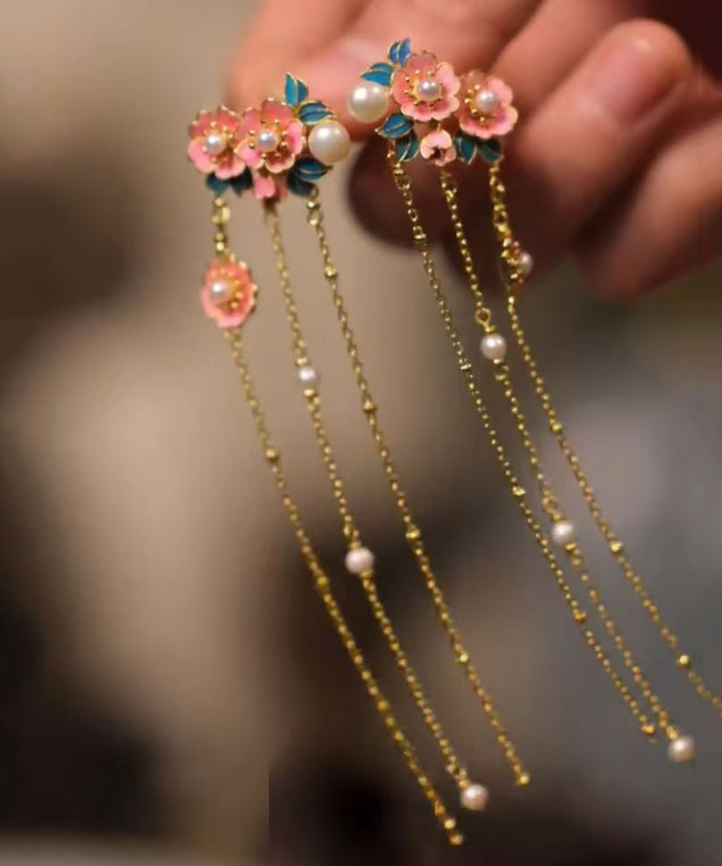 Pink Sterling Silver Overgild Inlaid Pear Peach Blossom Tassel Drop Earrings