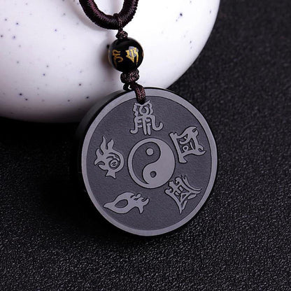 Buddha Stones Natural Black Obsidian Taoism Five Sacred Mountains Nine-character Mantra Carved Strength Yin Yang Necklace Pendant Key Chain