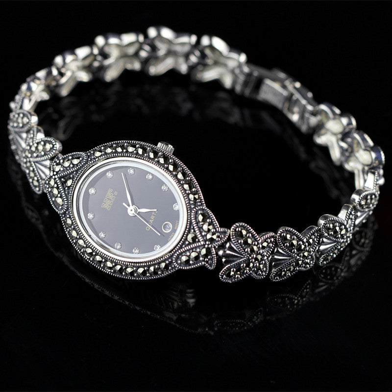 Silk Sterling Silver Inlaid Butterfly Tempered Glass Wrist Watch
