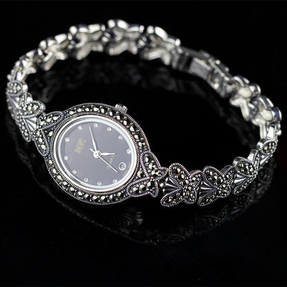 Silk Sterling Silver Inlaid Butterfly Tempered Glass Wrist Watch