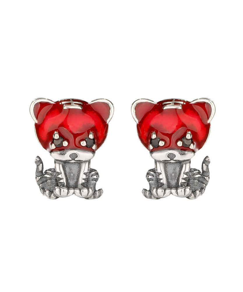 Red Little Tiger Shape Silver Stud Earrings