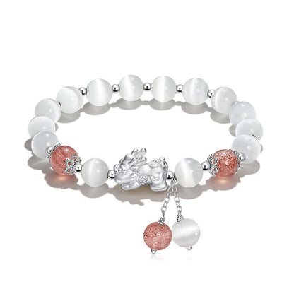 Buddha Stones Natural Cat's Eye Moonstone Strawberry Quartz Pixiu Support Bracelet