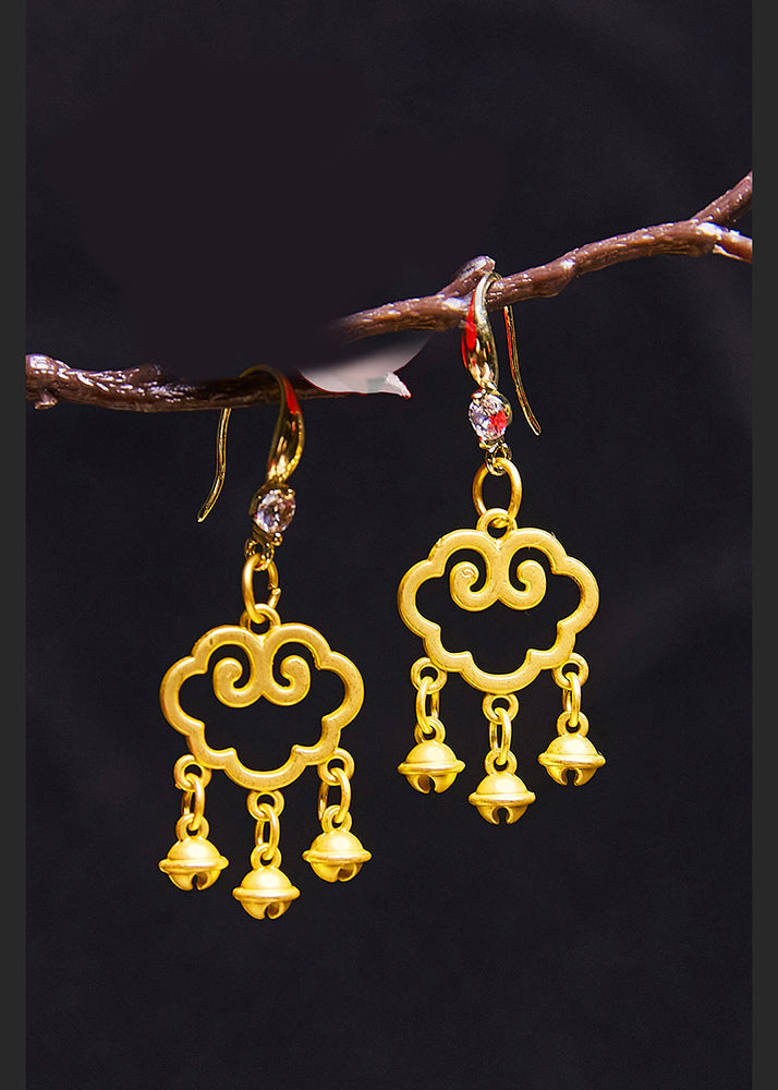 Stylish Auspicious Clouds Small Bell 14k Gold Drop Earrings