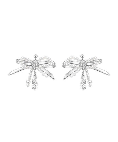 Classy Silk Copper Zircon Bow Pearl Water Drop Stud Earrings