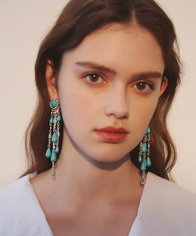 Blue Zircon Water Drop Tassels Silver Plated Drop Earrings
