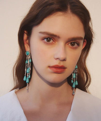 Blue Zircon Water Drop Tassels Silver Plated Drop Earrings