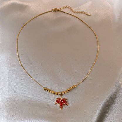 Copper Maple Leaf Zircon Necklace Pendant Ring Earrings for Luck