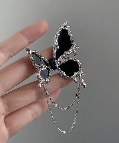 Black Metal Butterfly Tassel Brooches