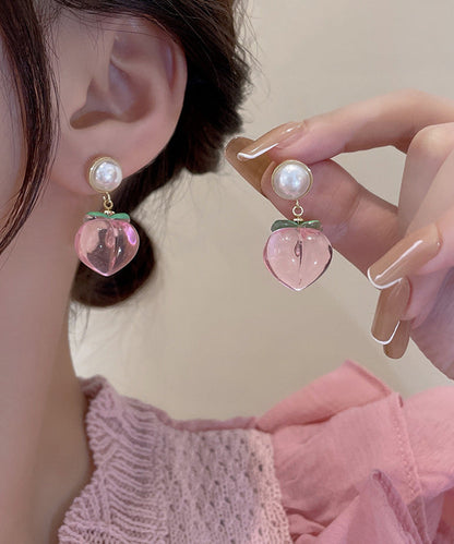Red Alloy Acrylic Pearl Peach Drop Earrings