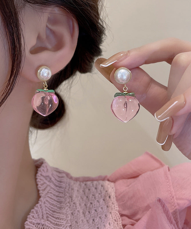 Red Alloy Acrylic Pearl Peach Drop Earrings