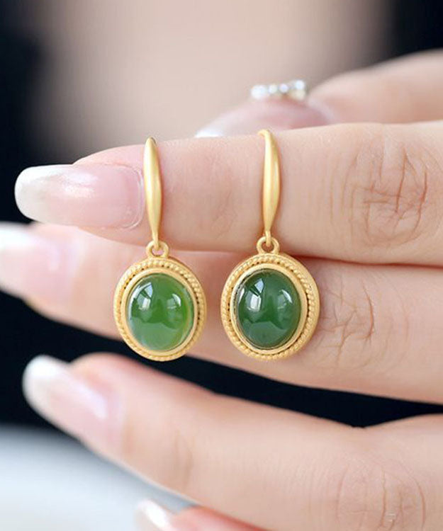 Spinach Green Sterling Silver Inlaid Jade Drop Earrings
