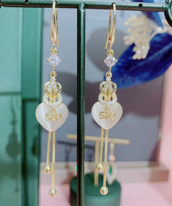 Gold Copper Overgild Inlaid Zircon 520 Love Tassel Drop Earrings