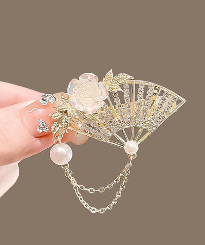 Golden Yellow Alloy Crystal Pearl Fan Tassel Duck Mouth Hairpin