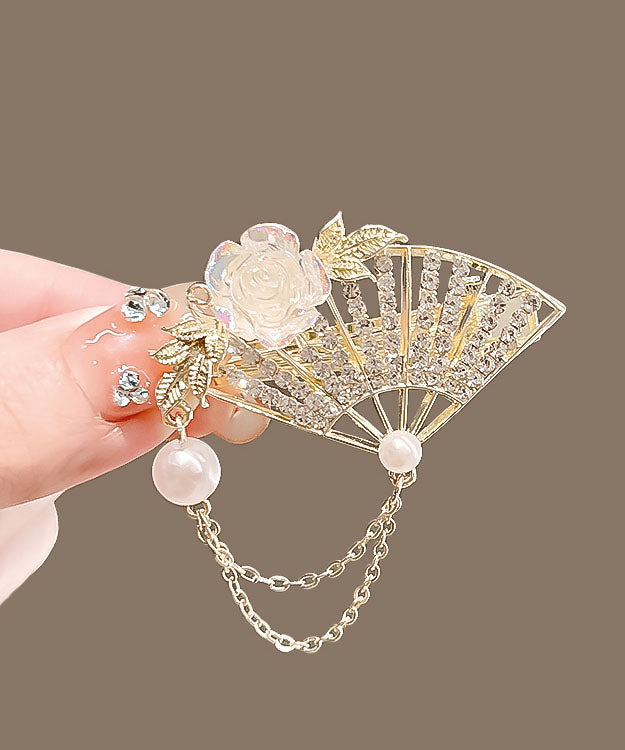 Golden Yellow Alloy Crystal Pearl Fan Tassel Duck Mouth Hairpin