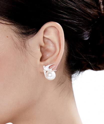 Original Design Little Bird Pearl Silver Stud Earrings