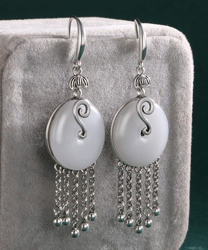 Silk Sterling Silver Inlaid Jade Tassel Drop Earrings