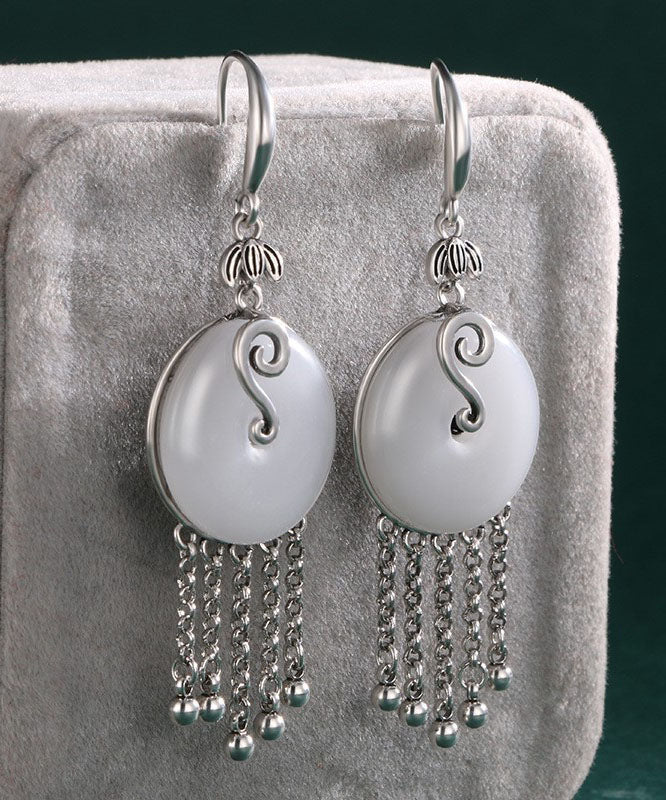 Silk Sterling Silver Inlaid Jade Tassel Drop Earrings