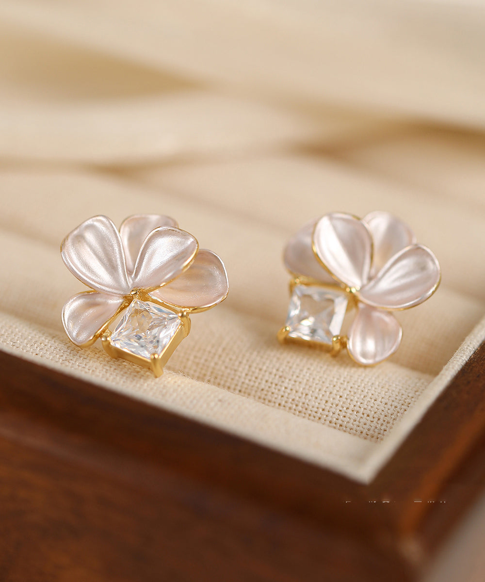 Pink Copper Overgild Zircon Petal Stud Earrings