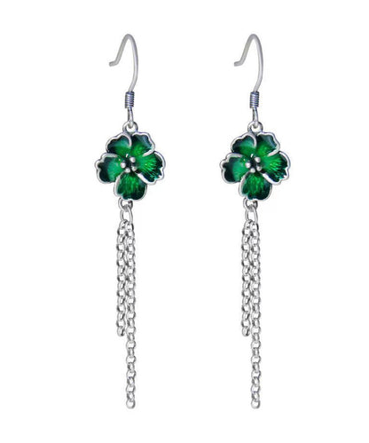 Green Tassel Patchwork Silver Drop Earrings