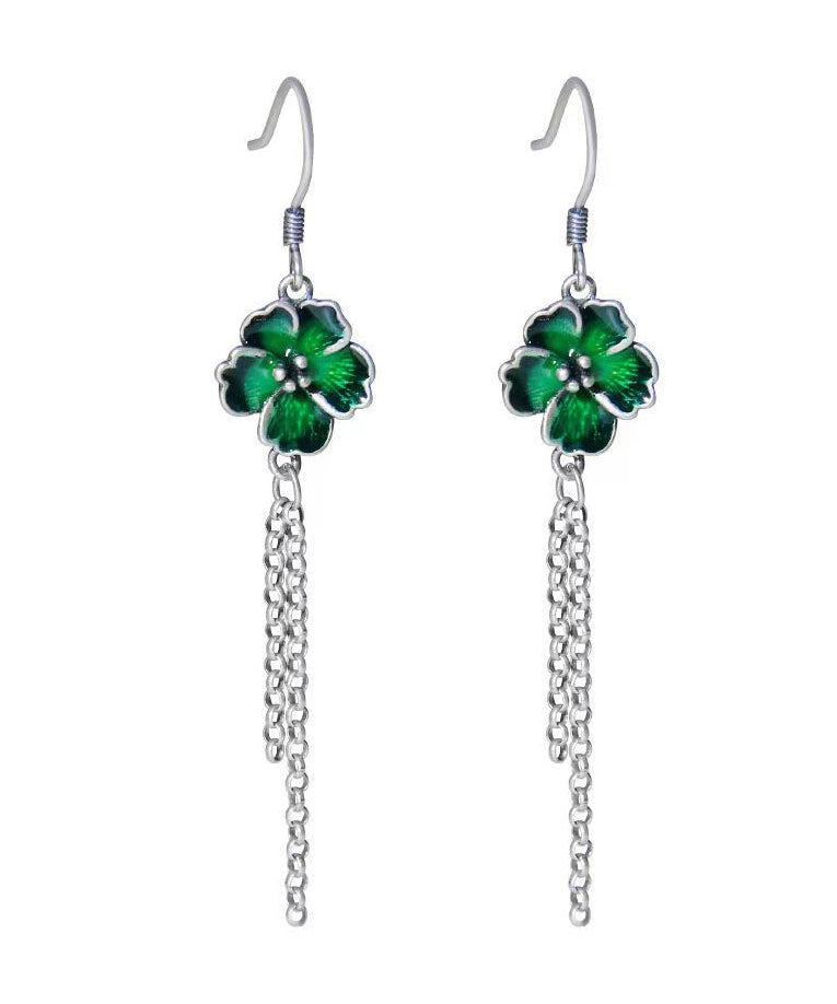 Green Tassel Patchwork Silver Drop Earrings
